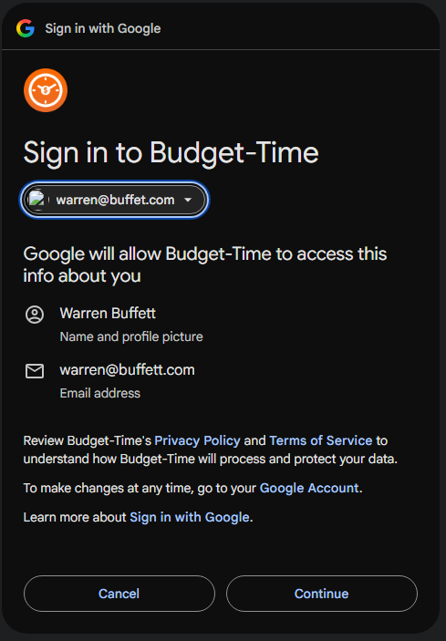 Sign in to Budget-Time - choose your account and click Continue