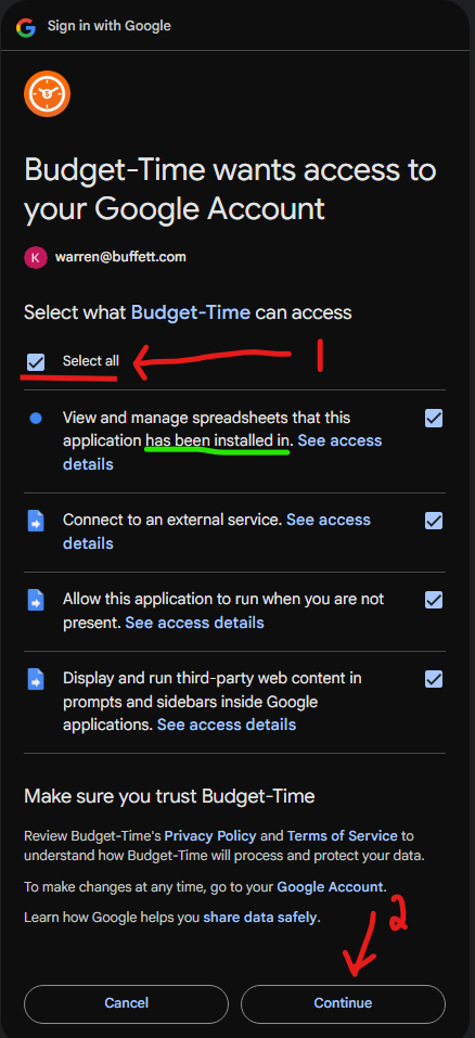 Tick Select all, then click Continue