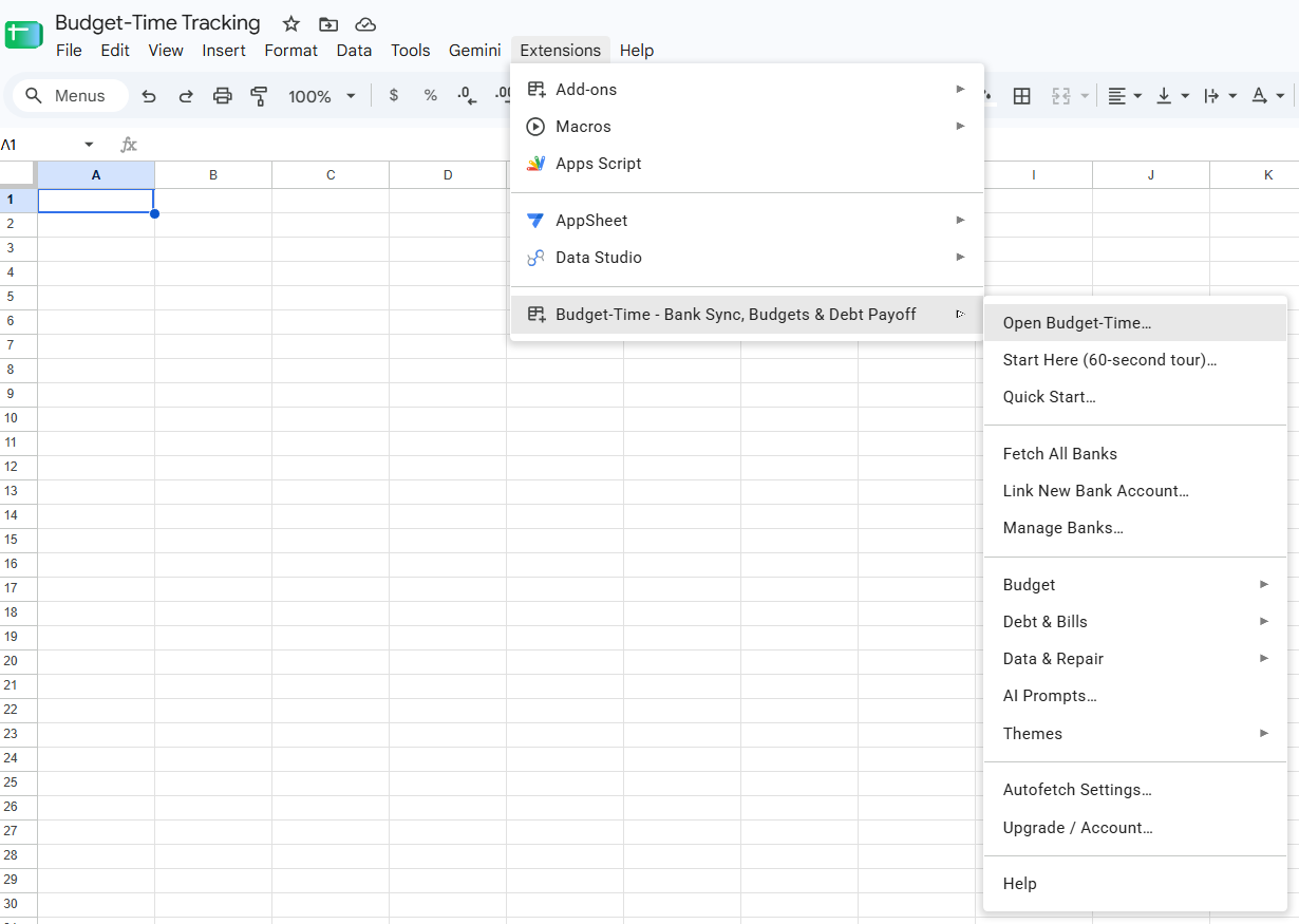 Extensions menu showing Budget-Time and Open Budget-Time
