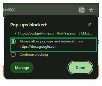 Choose Always allow pop-ups from docs.google.com