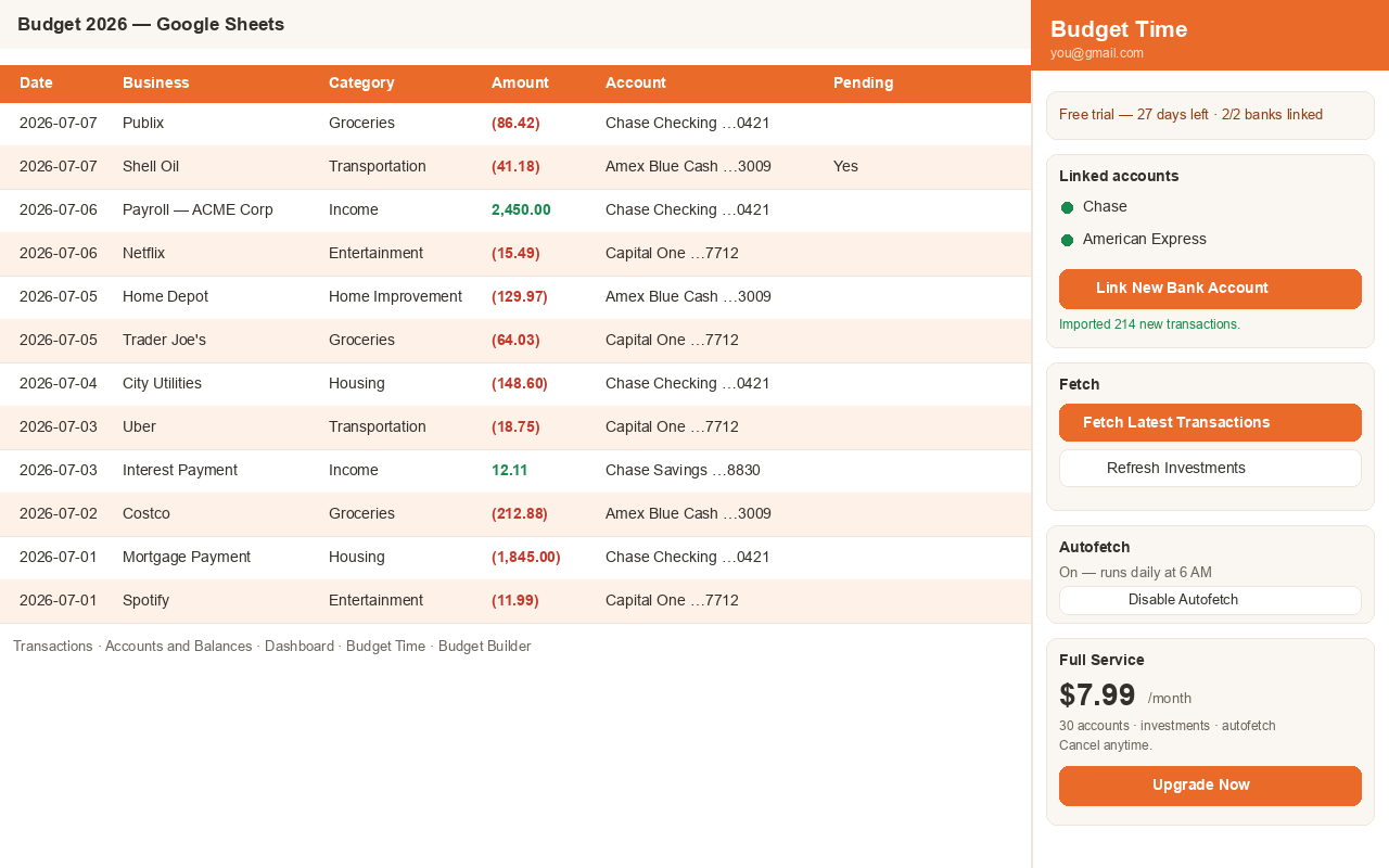 Budget-Time sidebar with a linked bank